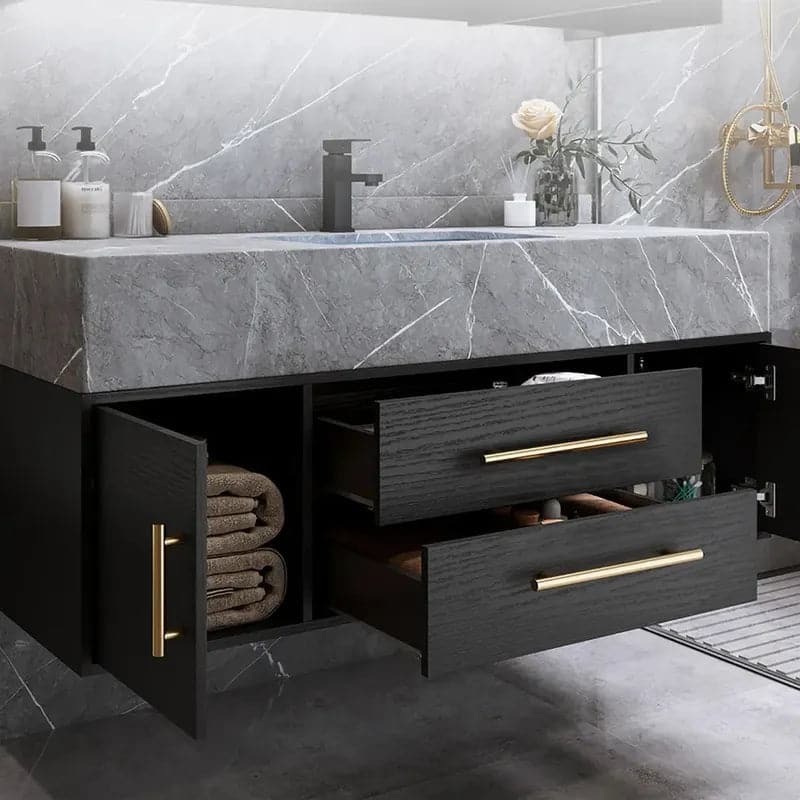 Modern 39" Floating Black Bathroom Vanity Stone Top Wall Mounted Bathroom Cabinet