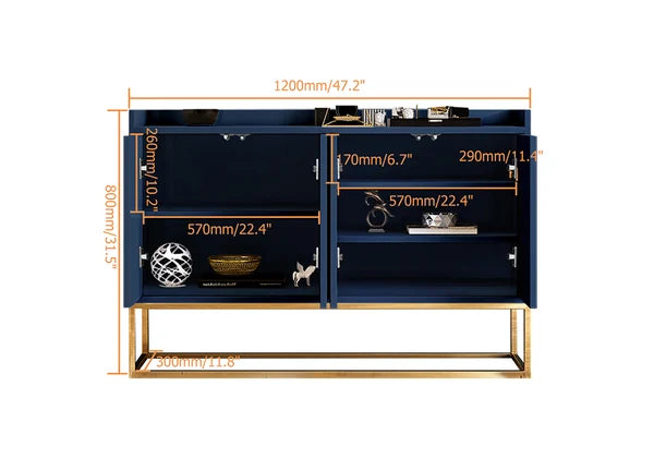 Modern 47" Blue Sideboard Buffet Storage Kitchen Cabinet with 4 Doors in Gold