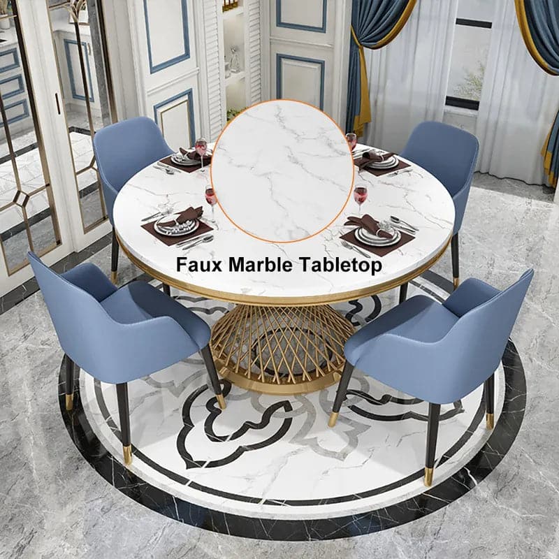 Modern 51" Round Dining Table Faux Marble Tabletop & Golden Stainless Steel Pedestal