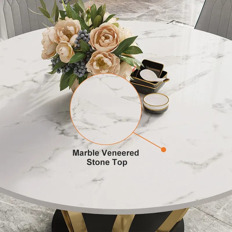 Modern 53" Round White Dining Table for 6 Person Faux Marble Top Gold & Black Pedestal