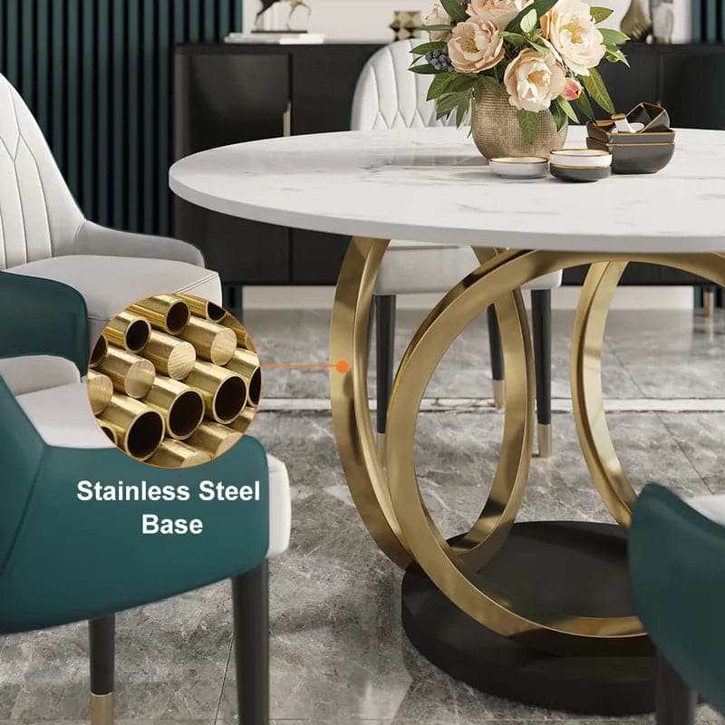 Modern 53" Round White Dining Table for 6 Person Faux Marble Top Gold & Black Pedestal