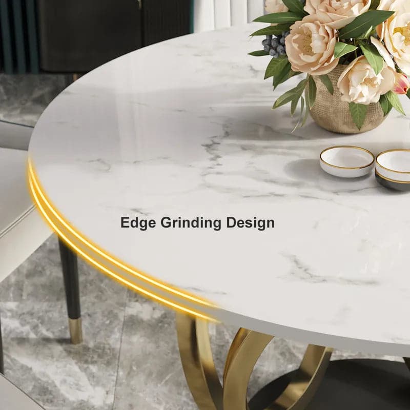 Modern 53" Round White Dining Table for 6 Person Faux Marble Top Gold & Black Pedestal