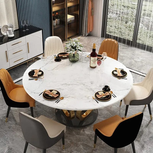 Modern 53" Round White Dining Table for 6 Person Faux Marble Top Gold & Black Pedestal