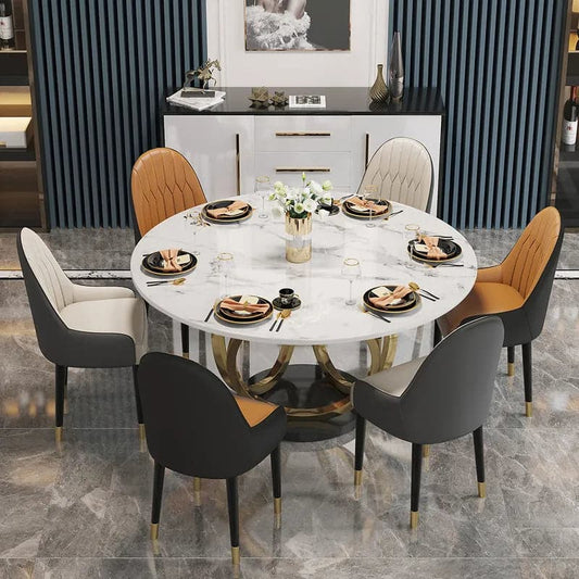 Modern 53" Round White Dining Table for 6 Person Faux Marble Top Gold & Black Pedestal