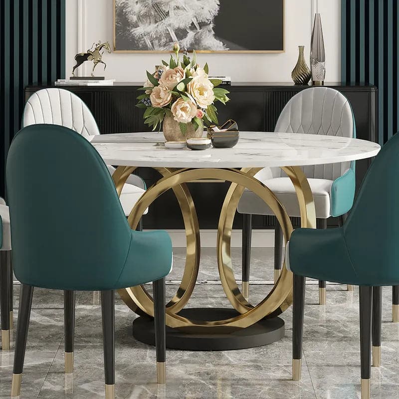 Modern 53" Round White Dining Table for 6 Person Faux Marble Top Gold & Black Pedestal