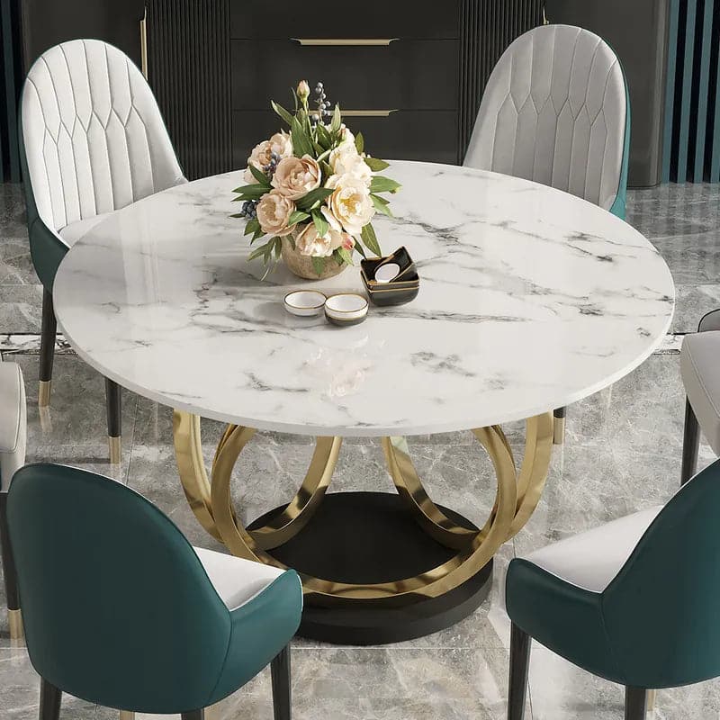 Modern 53" Round White Dining Table for 6 Person Faux Marble Top Gold & Black Pedestal