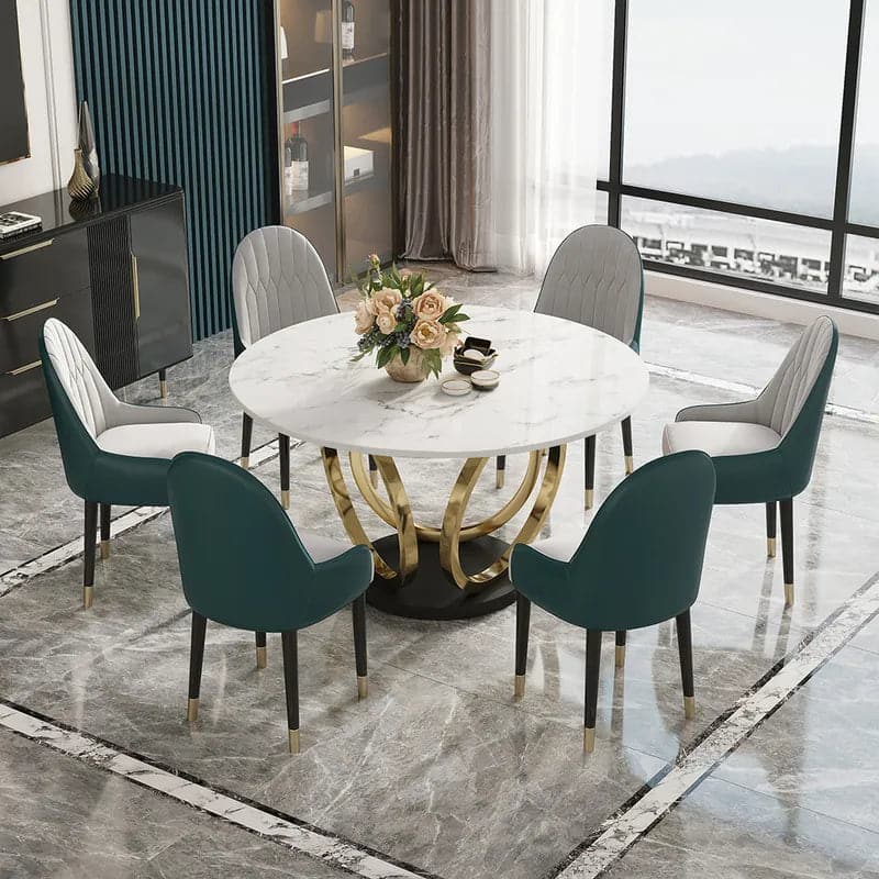 Modern 53" Round White Dining Table for 6 Person Faux Marble Top Gold & Black Pedestal