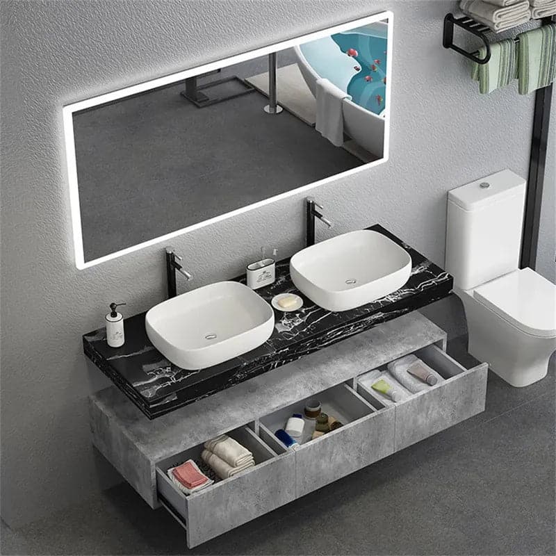 Modern 60" Floating Bathroom Vanity Set Wall Mount Vessel Double Sink Vanity