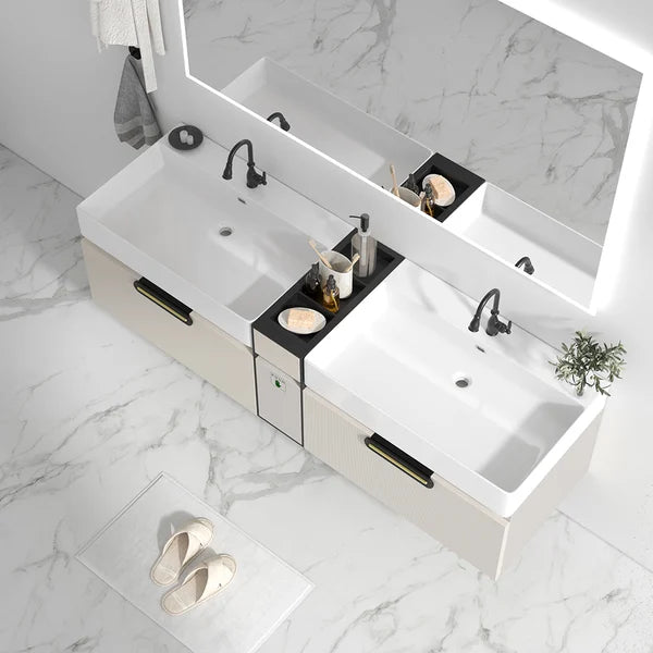 Modern 63" Floating Bathroom Vanity Set Wall Mounted Double Sink Vanity in Beige