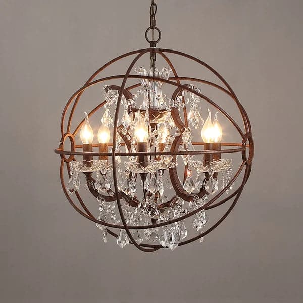 Modern 6 Lights Clear Crystal Rust Metal Orb Chandelier