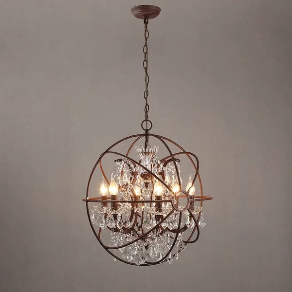 Modern 6 Lights Clear Crystal Rust Metal Orb Chandelier