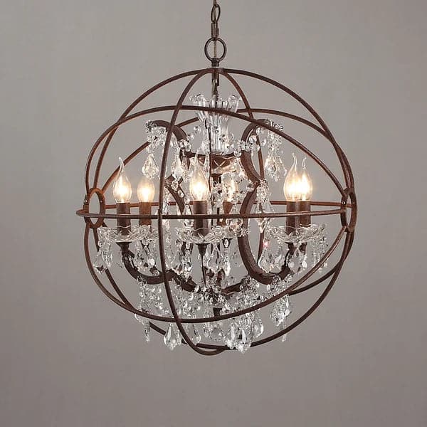 Modern 6 Lights Clear Crystal Rust Metal Orb Chandelier