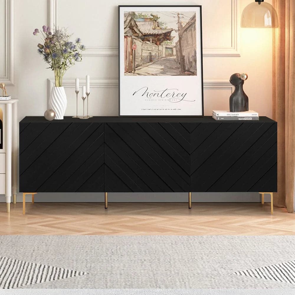 Modern 70.9" Black Buffert Sideboard Table with Gold Legs & 3 Doors