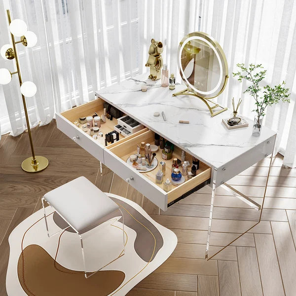 Modern Acrylic Floating Makeup Vanity Set with LED Lighted Standing Mirror & Stool