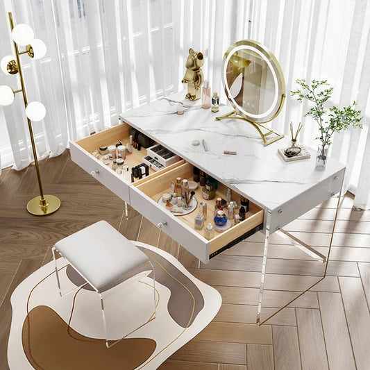 Modern Acrylic Floating Makeup Vanity Set with LED Lighted Standing Mirror & Stool