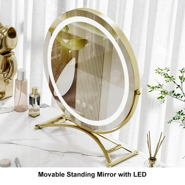 Modern Acrylic Floating Makeup Vanity Set with LED Lighted Standing Mirror & Stool