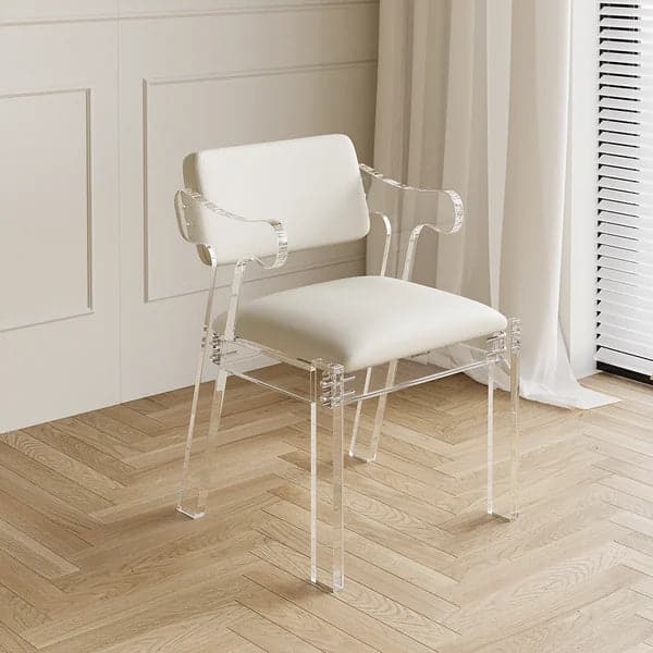 Modern Acrylic White Dining chair with Arms Upholstered PU Leather Dining Room Chair