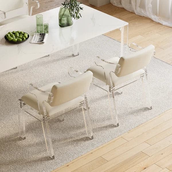 Modern Acrylic White Dining chair with Arms Upholstered PU Leather Dining Room Chair