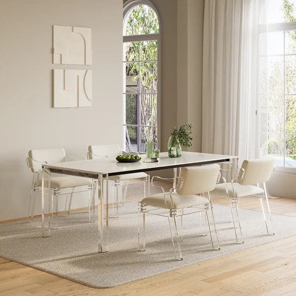 Modern Acrylic White Dining chair with Arms Upholstered PU Leather Dining Room Chair