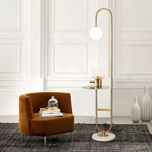 60" Modern Arc Floor Lamp with Shelf in Gold with Glass Shade & Marble Base