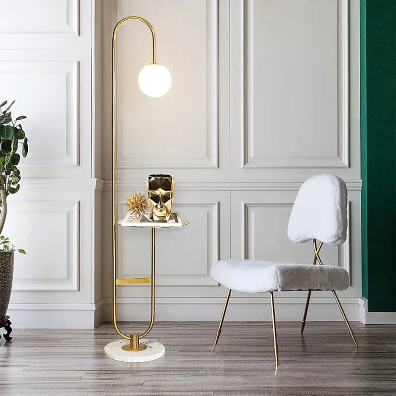 60" Modern Arc Floor Lamp with Shelf in Gold with Glass Shade & Marble Base