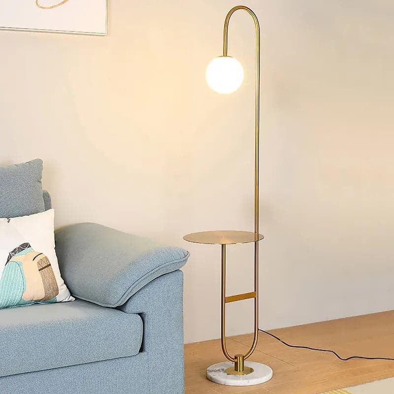 60" Modern Arc Floor Lamp with Shelf in Gold with Glass Shade & Marble Base