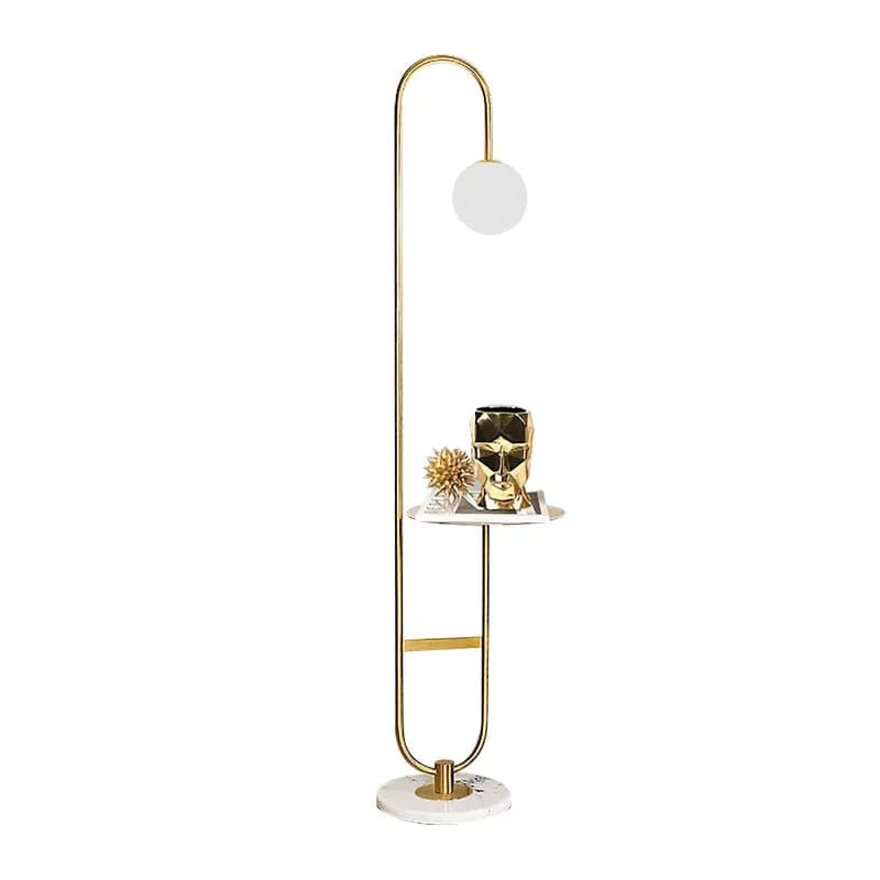 60" Modern Arc Floor Lamp with Shelf in Gold with Glass Shade & Marble Base