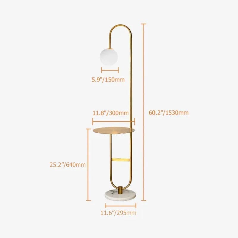 60" Modern Arc Floor Lamp with Shelf in Gold with Glass Shade & Marble Base