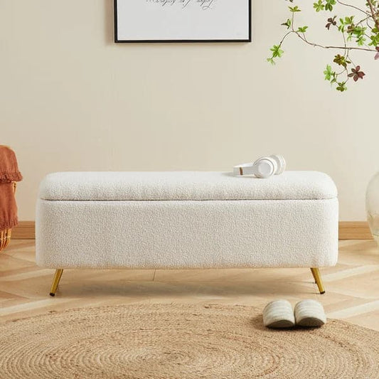 Modern Bedroom Boucle White Bench Upholstered Ottoman with Storage & Gold Legs