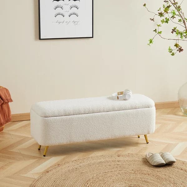 Modern Bedroom Boucle White Bench Upholstered Ottoman with Storage & Gold Legs