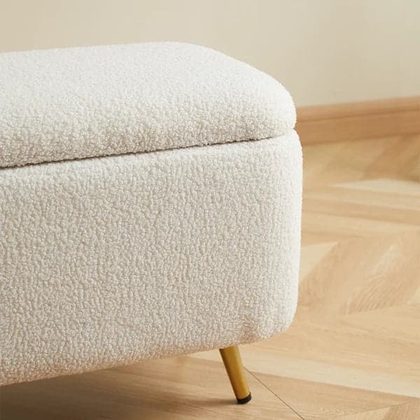 Modern Bedroom Boucle White Bench Upholstered Ottoman with Storage & Gold Legs