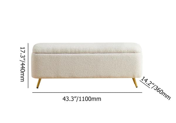 Modern Bedroom Boucle White Bench Upholstered Ottoman with Storage & Gold Legs