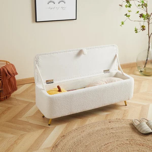 Modern Bedroom Boucle White Bench Upholstered Ottoman with Storage & Gold Legs