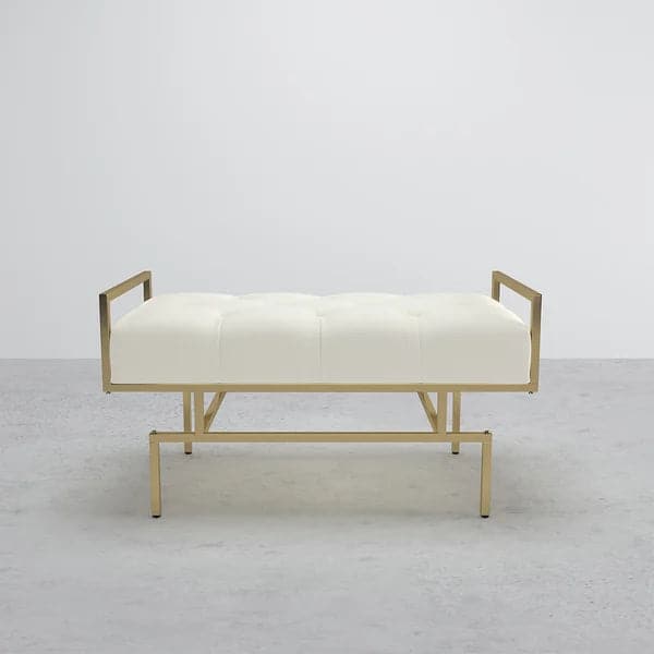 Modern Beige Entryway Bench Faux Leather Upholstered Tufted Bench Gold Legs