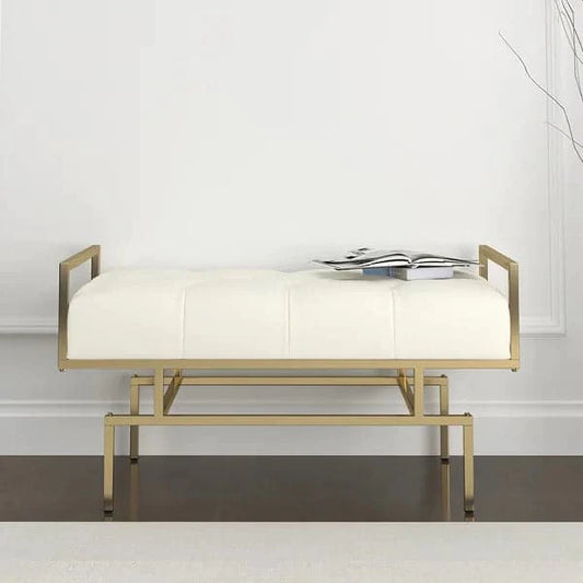 Modern Beige Entryway Bench Faux Leather Upholstered Tufted Bench Gold Legs