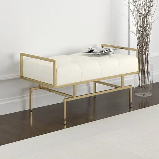 Modern Beige Entryway Bench Faux Leather Upholstered Tufted Bench Gold Legs