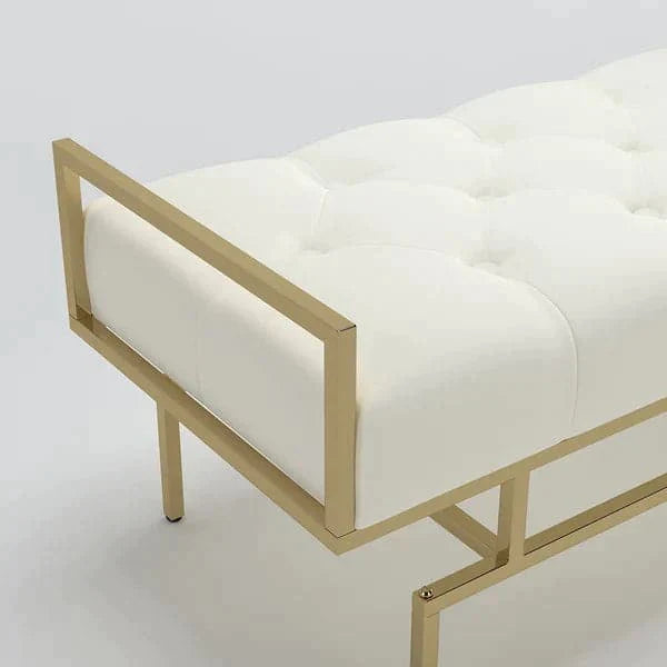 Modern Beige Entryway Bench Faux Leather Upholstered Tufted Bench Gold Legs