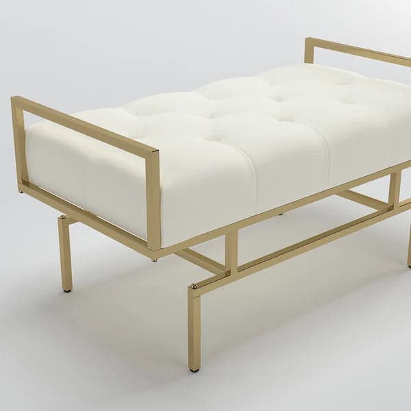 Modern Beige Entryway Bench Faux Leather Upholstered Tufted Bench Gold Legs