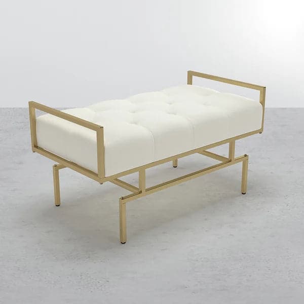 Modern Beige Entryway Bench Faux Leather Upholstered Tufted Bench Gold Legs