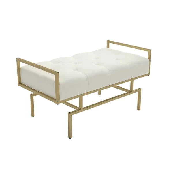 Modern Beige Entryway Bench Faux Leather Upholstered Tufted Bench Gold Legs