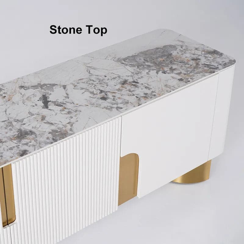 Modern Beige TV Stand Stone Top 4 Doors with Storage Media Console for TVs up to 85"