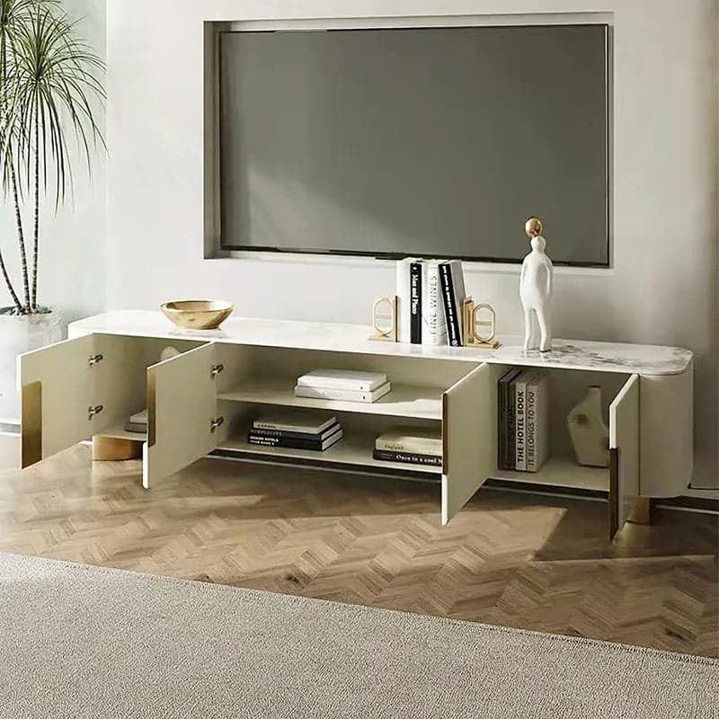 Modern Beige TV Stand Stone Top 4 Doors with Storage Media Console for TVs up to 85"