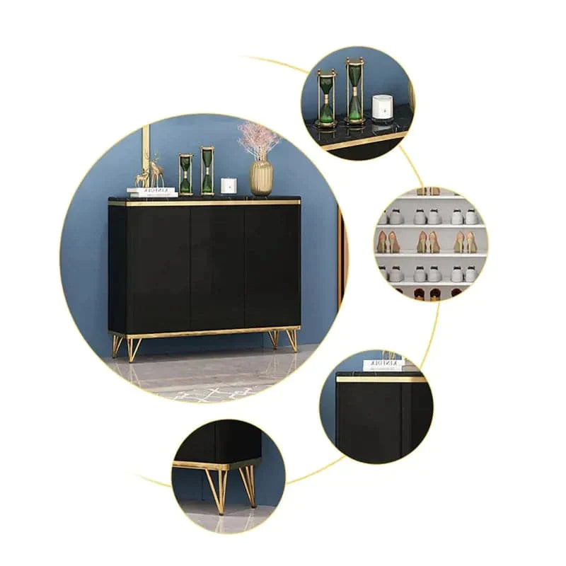 Modern Black 3 Doors Shoes Storage Cabinet with 8 Shelves 20 Pairs in Gold