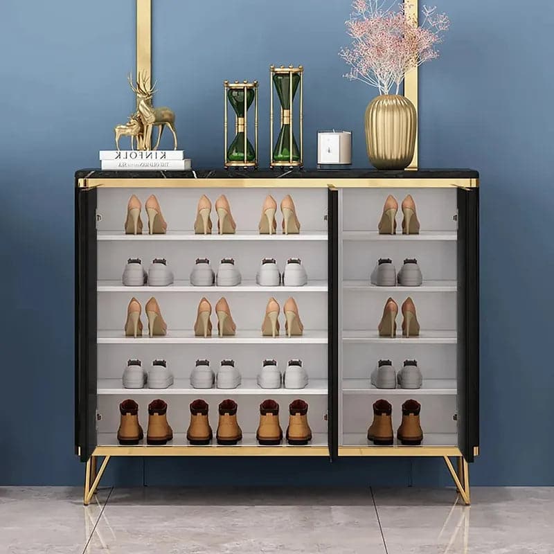 Modern Black 3 Doors Shoes Storage Cabinet with 8 Shelves 20 Pairs in Gold