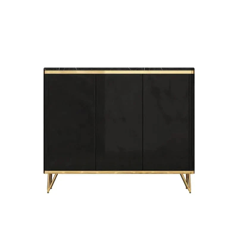 Modern Black 3 Doors Shoes Storage Cabinet with 8 Shelves 20 Pairs in Gold