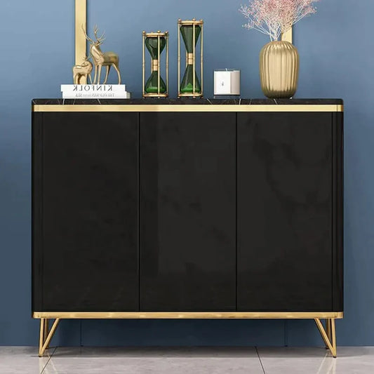 Modern Black 3 Doors Shoes Storage Cabinet with 8 Shelves 20 Pairs in Gold