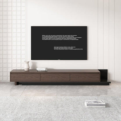 Modern Dark Walnut & Black Minimalist Retractable TV Stand Extendable Media Console with 3 Retracted Drawers  Up to 120"