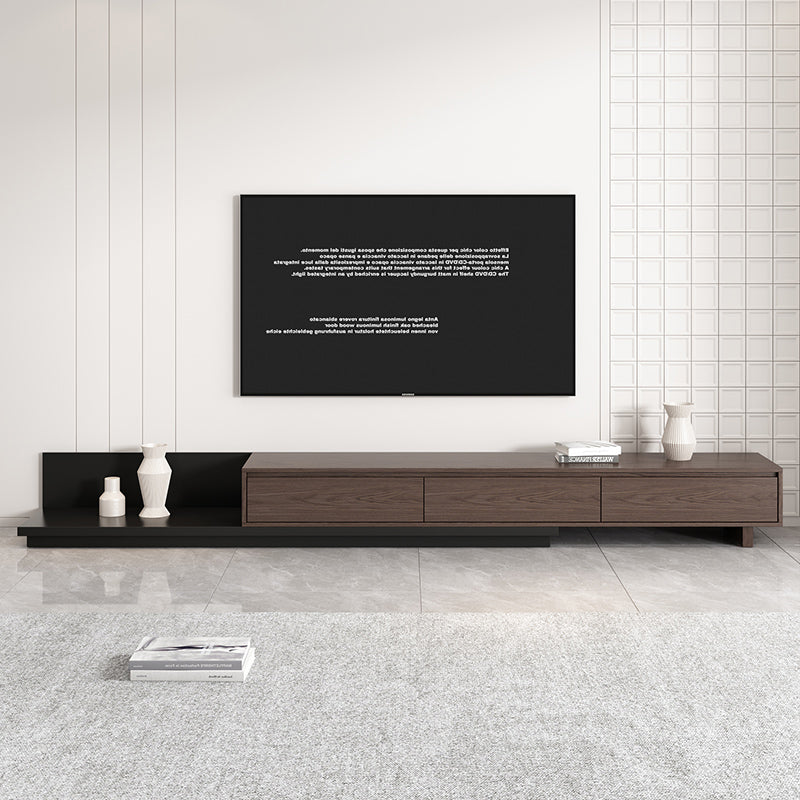 Modern Dark Walnut & Black Minimalist Retractable TV Stand Extendable Media Console with 3 Retracted Drawers  Up to 120"