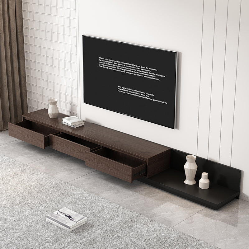 Modern Dark Walnut & Black Minimalist Retractable TV Stand Extendable Media Console with 3 Retracted Drawers  Up to 120"