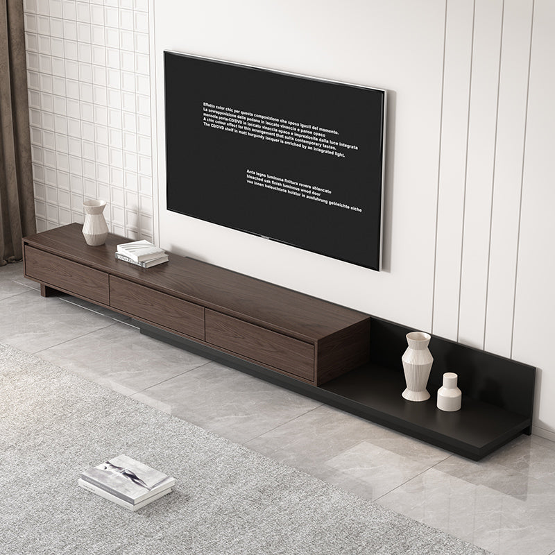 Modern Dark Walnut & Black Minimalist Retractable TV Stand Extendable Media Console with 3 Retracted Drawers  Up to 120"